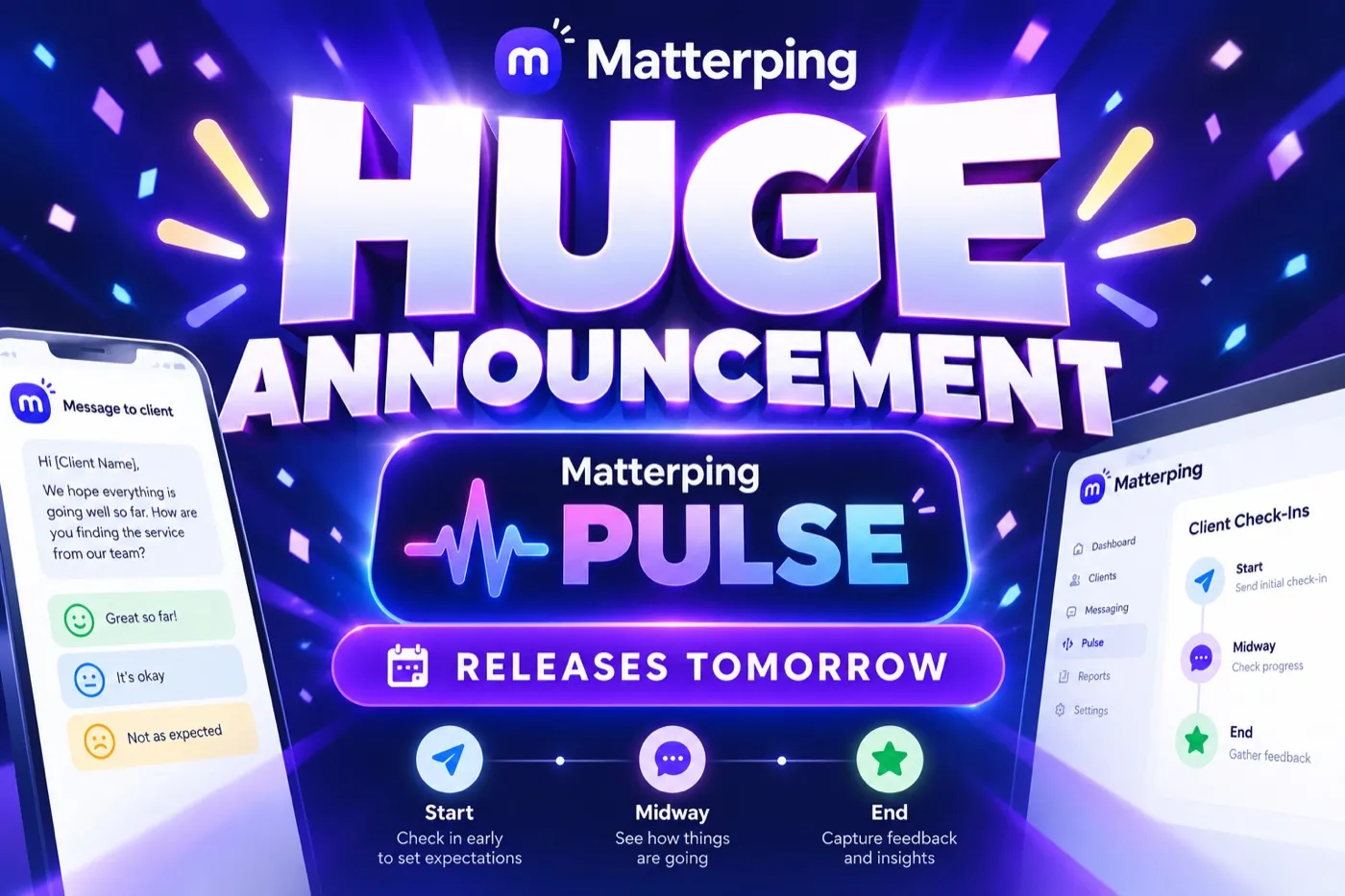 Matterping Pulse announcement artwork: start, midway and end check-ins