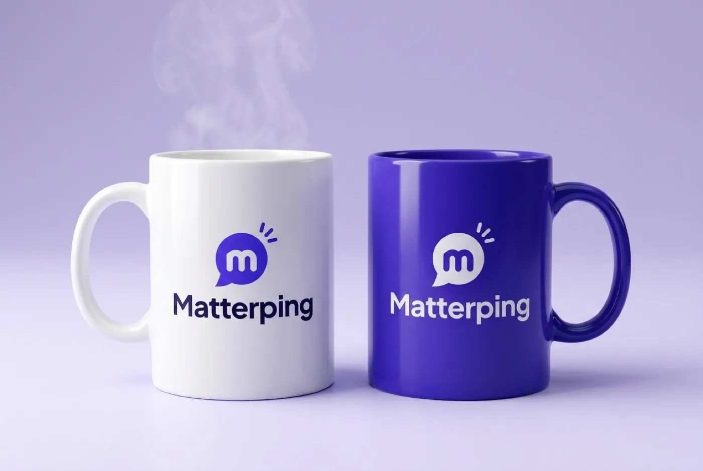 Two Matterping mugs, one white and one purple, on a lavender background